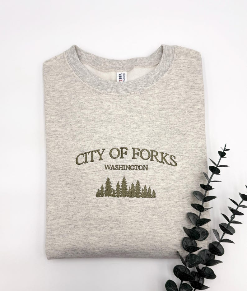City of Forks Embroidered Sweatshirt | Washington Hoodie | Unisex Crewneck | Forest Embroidery | Twilight-Inspired Gift | Custom Colors