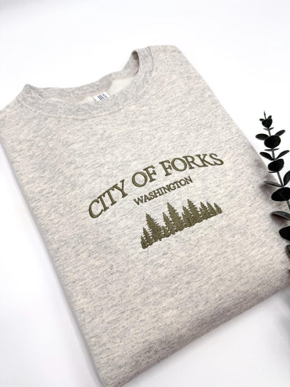 City of Forks Embroidered Sweatshirt | Washington Hoodie | Unisex Crewneck | Forest Embroidery | Twilight-Inspired Gift | Custom Colors