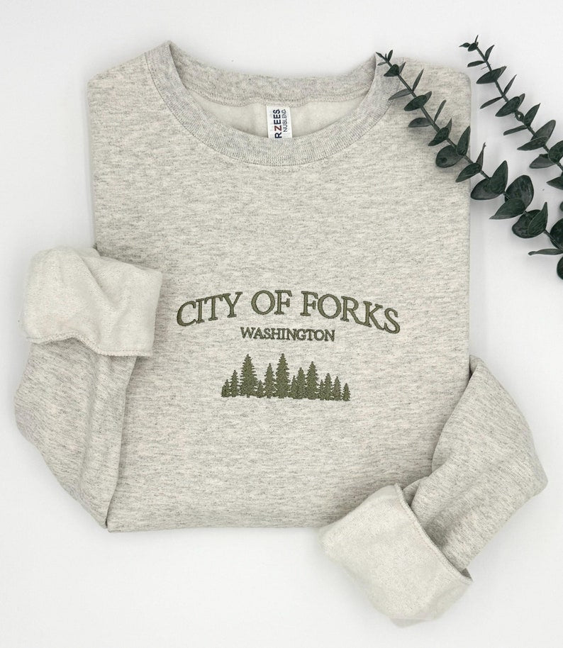 City of Forks Embroidered Sweatshirt | Washington Hoodie | Unisex Crewneck | Forest Embroidery | Twilight-Inspired Gift | Custom Colors