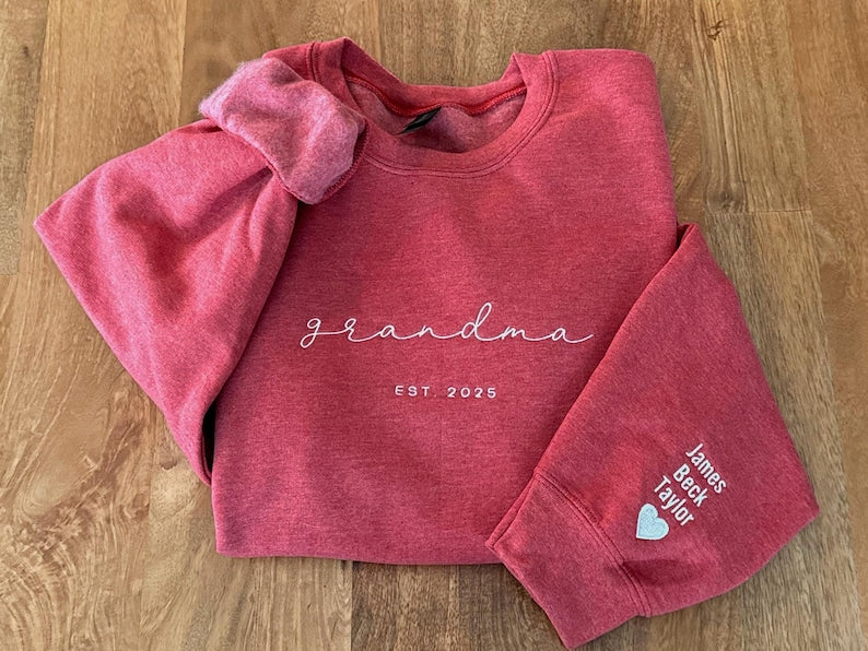 Personalized Grandma Sweatshirt, Embroidered Grandma Sweatshirt with Grandkids Names on Sleeves, Mother's Day Gifts, Gifts for Grandparents