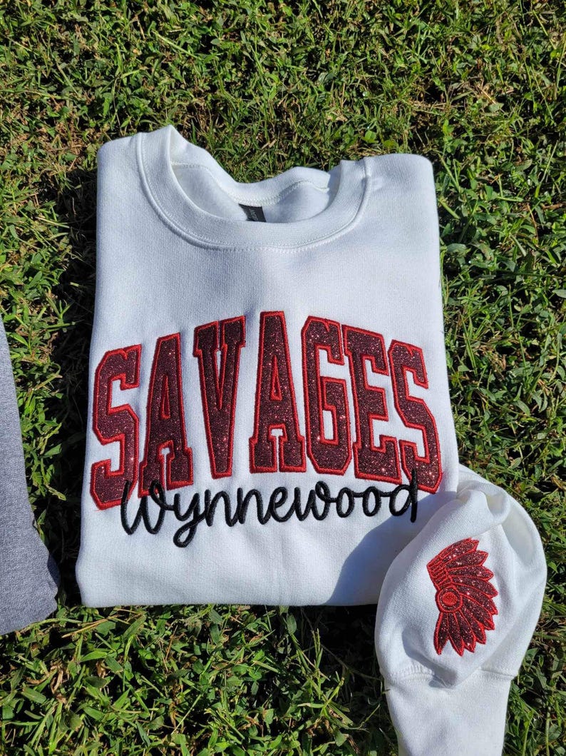 Custom School/Mascot School Spirit Glitter Applique Embroidered Sweatshirt with Sleeve Embroidery