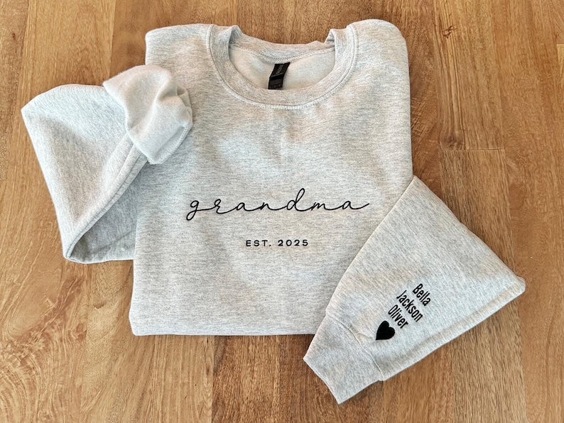 Personalized Grandma Sweatshirt, Embroidered Grandma Sweatshirt with Grandkids Names on Sleeves, Mother's Day Gifts, Gifts for Grandparents