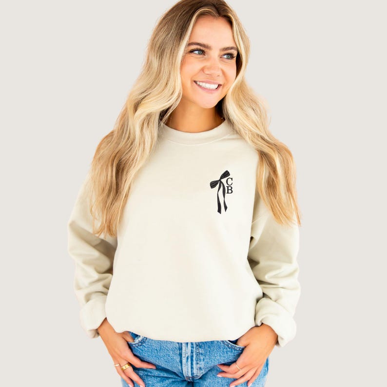 Custom Initial Bow Ribbon Embroidered Crewneck Sweatshirt - Hoodie | Bridal Party Sweatshirt | Bridesmaid Proposal |Cute Bow Shirt