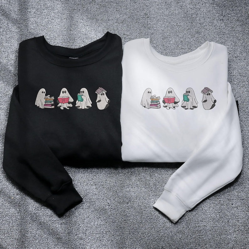 Funny Ghost Reading Sweatshirt, Halloween Sweatshirt, Embroidered Ghost, Ghost Reading Books, Fall Crew Ghost Embroidery, Ghost Book Sweater