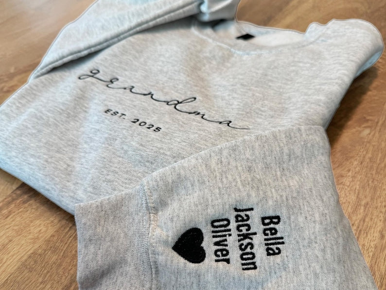 Personalized Grandma Sweatshirt, Embroidered Grandma Sweatshirt with Grandkids Names on Sleeves, Mother's Day Gifts, Gifts for Grandparents