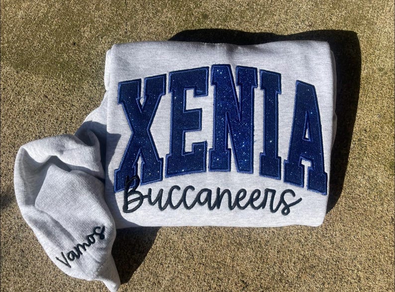 Custom School/Mascot School Spirit Glitter Applique Embroidered Sweatshirt with Sleeve Embroidery