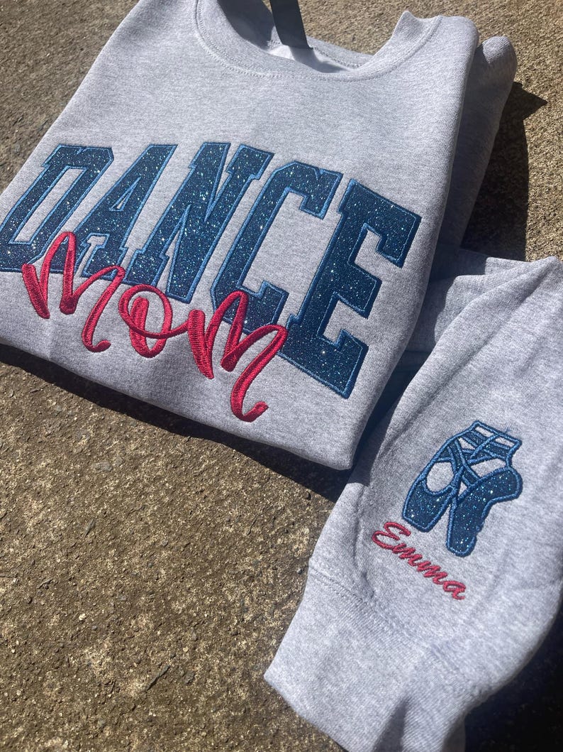 Dance Mom Custom Title with Name on Sleeve Glitter Applique Embroidered Sweatshirt