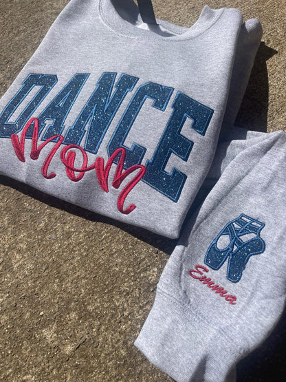 Dance Mom Custom Title with Name on Sleeve Glitter Applique Embroidered Sweatshirt