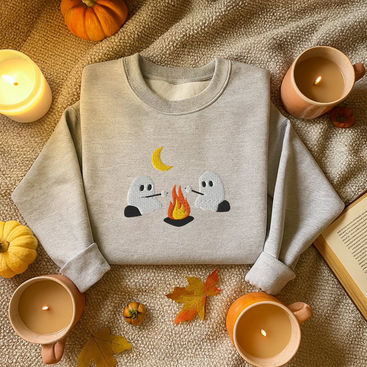 Cute Ghosts Camping Embroidered Sweatshirt/Hoodie, Summerween, Spooky Season Outdoors Gifts, Halloween Vintage Embroidery Shirt