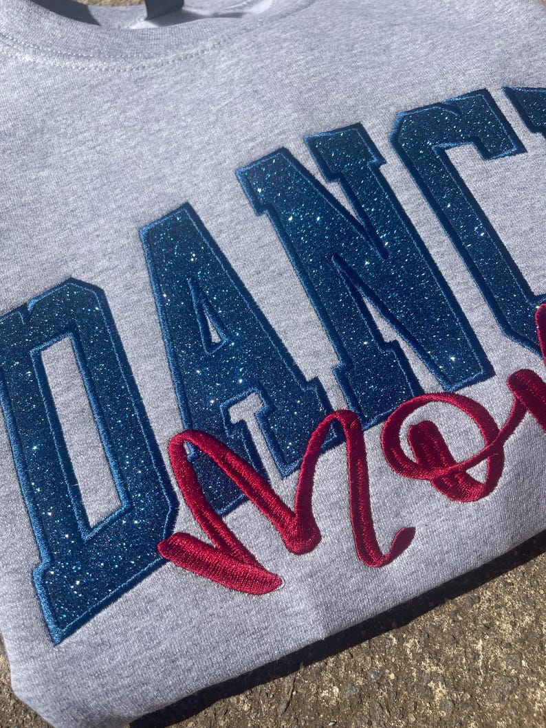 Dance Mom Custom Title with Name on Sleeve Glitter Applique Embroidered Sweatshirt