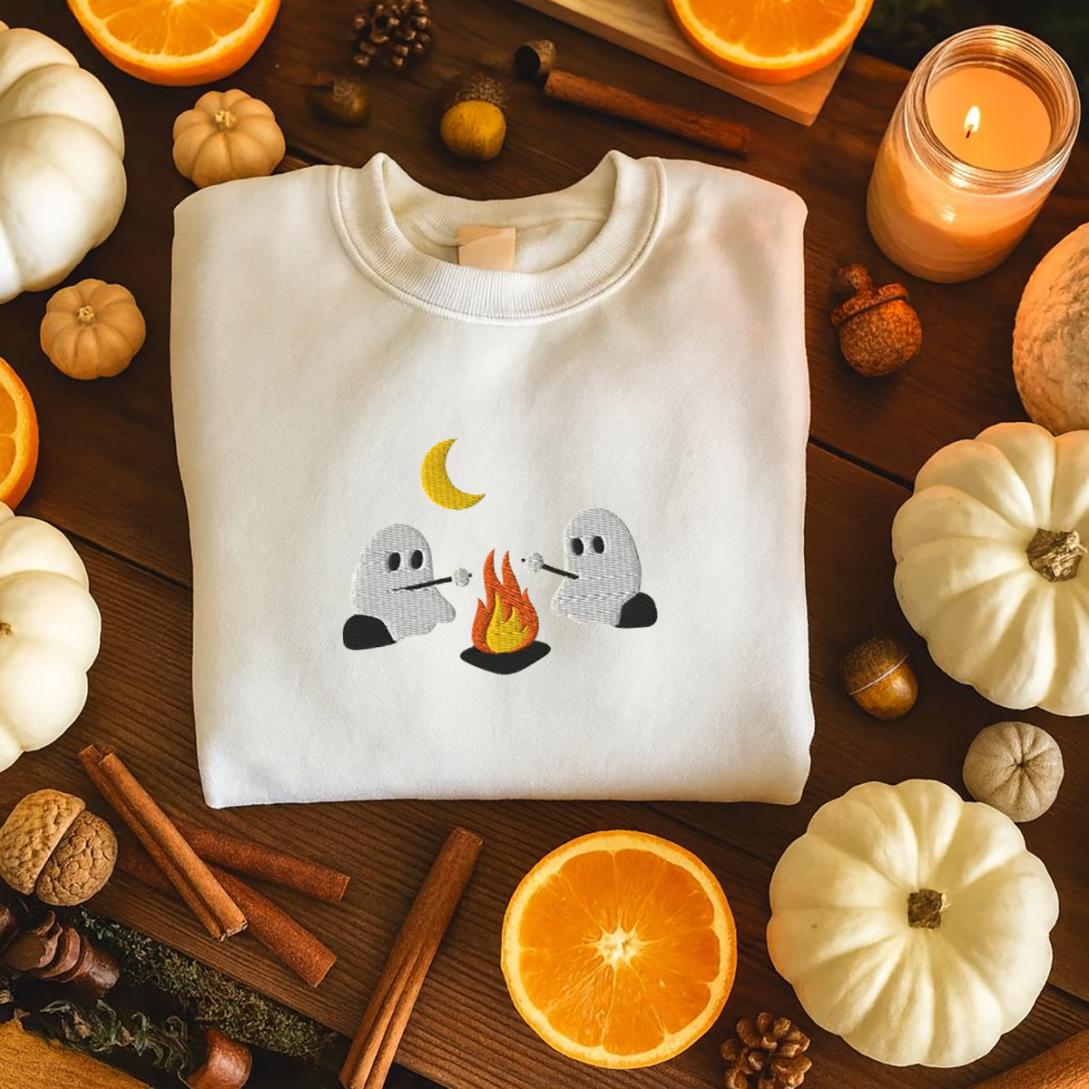 Cute Ghosts Camping Embroidered Sweatshirt/Hoodie, Summerween, Spooky Season Outdoors Gifts, Halloween Vintage Embroidery Shirt