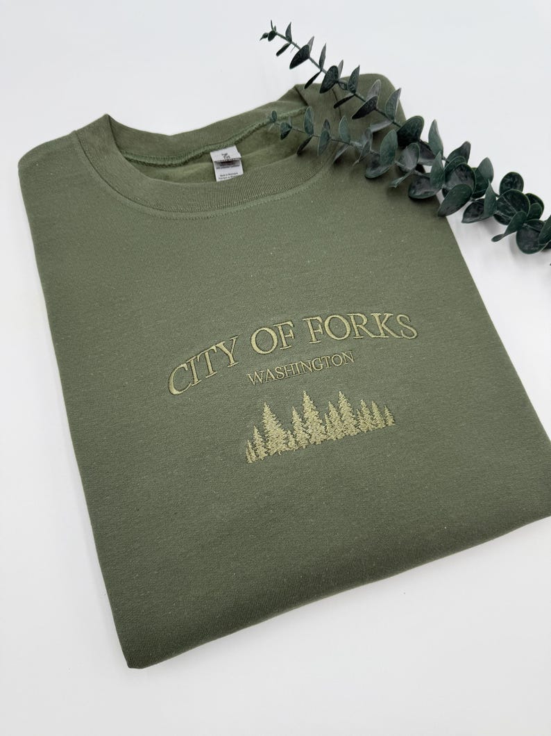 City of Forks Embroidered Sweatshirt | Washington Hoodie | Unisex Crewneck | Forest Embroidery | Twilight-Inspired Gift | Custom Colors