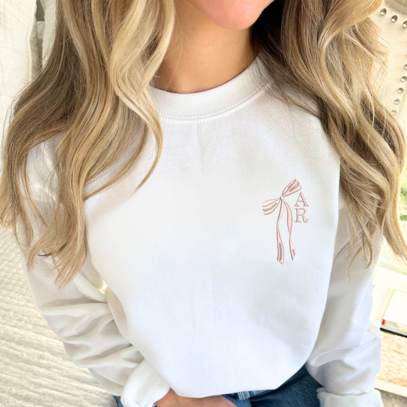 Custom Initial Bow Ribbon Embroidered Crewneck Sweatshirt - Hoodie | Bridal Party Sweatshirt | Bridesmaid Proposal |Cute Bow Shirt