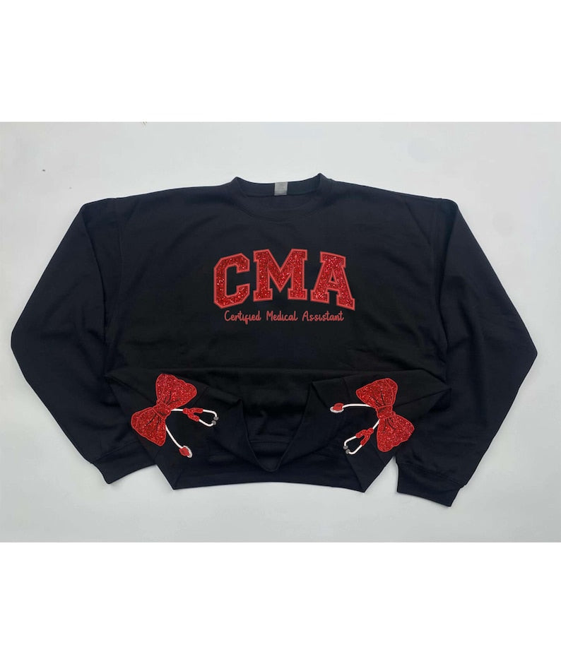 Embroidered CMA Medical Assistant Sweatshirt, Glitter Stethoscope, Nurse Coquette Bow Side, Med Assistant, Certified Medical Assistant Shirt