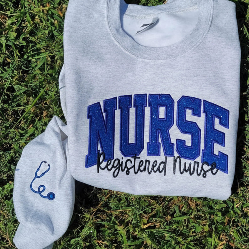 Personalized Nurse Embroidered Sweatshirt: Glitter Stethoscope Sleeve