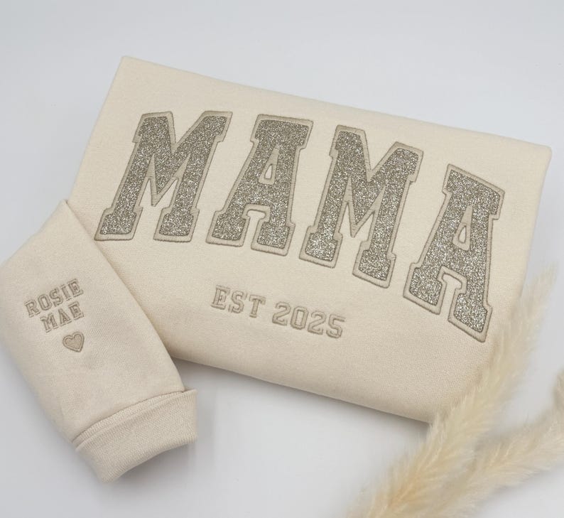 Custom Glitter Embroidered Mama Sweatshirt/Hoodies | Personalized Gift with Kids' Names | Pregnancy Announcement | Mother's Day Crewneck