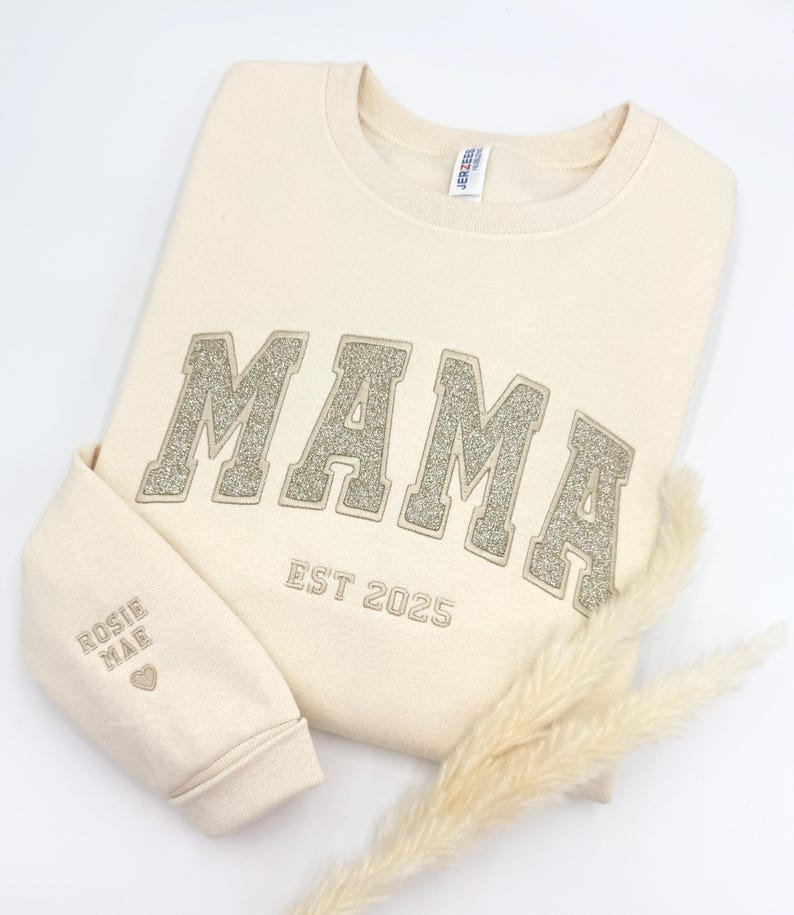 Custom Glitter Embroidered Mama Sweatshirt/Hoodies | Personalized Gift with Kids' Names | Pregnancy Announcement | Mother's Day Crewneck