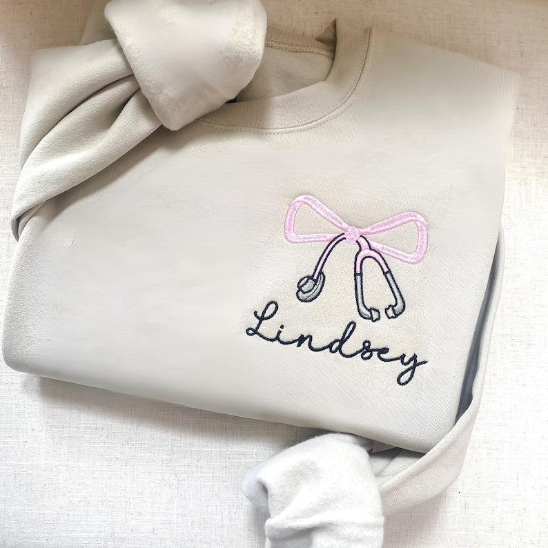 Embroidered Stethoscope Sweatshirt, Nurse Sweatshirt, Personalized Nurse Sweatshirt, Coquette Bow, Custom Nurse Sweatshirt, Bow Sweatshirt