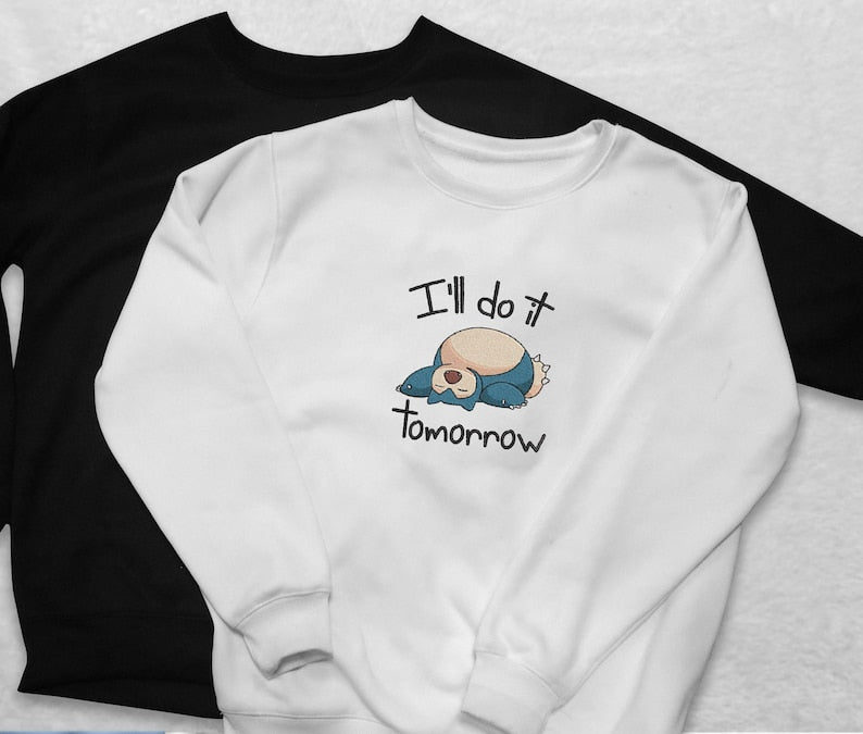 Snorlax Sleeping Sweatshirt Funny I ll Do It Tomorrow Crewneck, Cozy Pullover for Gamers and Anime Fans, Cute Sleepy Cartoon Sweater, Perfect Gift for Procrastinators