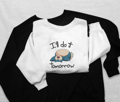 Snorlax Sleeping Sweatshirt Funny I ll Do It Tomorrow Crewneck, Cozy Pullover for Gamers and Anime Fans, Cute Sleepy Cartoon Sweater, Perfect Gift for Procrastinators