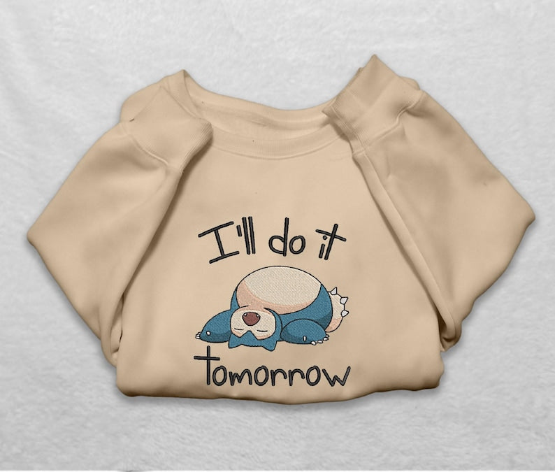 Snorlax Sleeping Sweatshirt Funny I ll Do It Tomorrow Crewneck, Cozy Pullover for Gamers and Anime Fans, Cute Sleepy Cartoon Sweater, Perfect Gift for Procrastinators