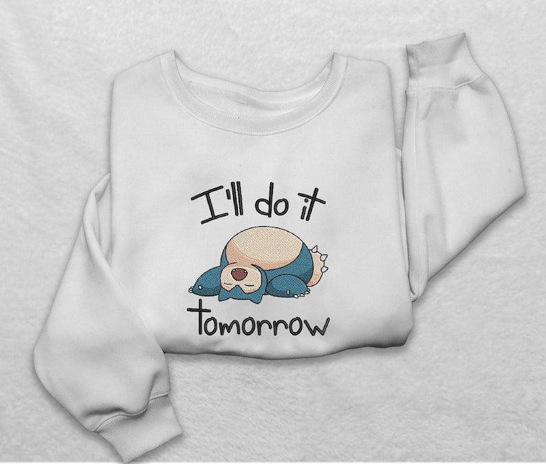 Snorlax Sleeping Sweatshirt Funny I ll Do It Tomorrow Crewneck, Cozy Pullover for Gamers and Anime Fans, Cute Sleepy Cartoon Sweater, Perfect Gift for Procrastinators