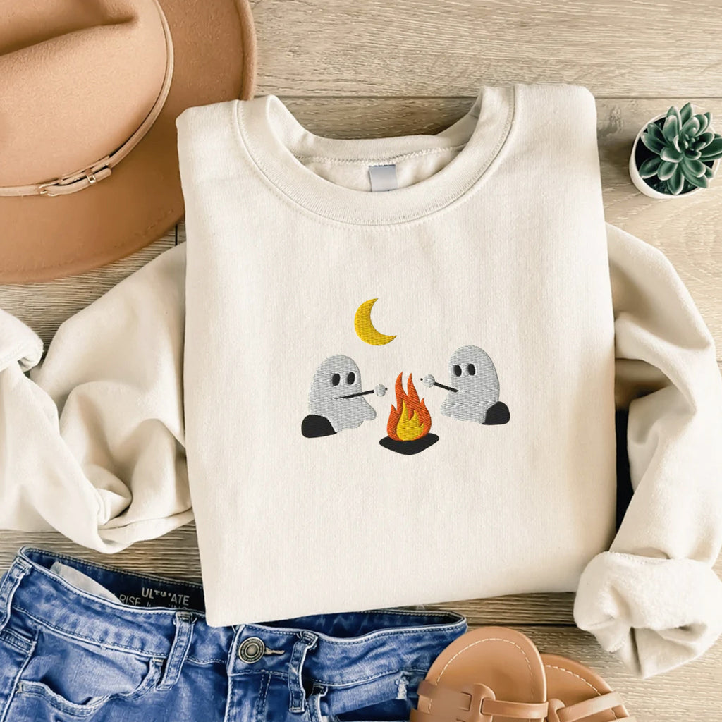 Cute Ghosts Camping Embroidered Sweatshirt/Hoodie, Summerween, Spooky Season Outdoors Gifts, Halloween Vintage Embroidery Shirt