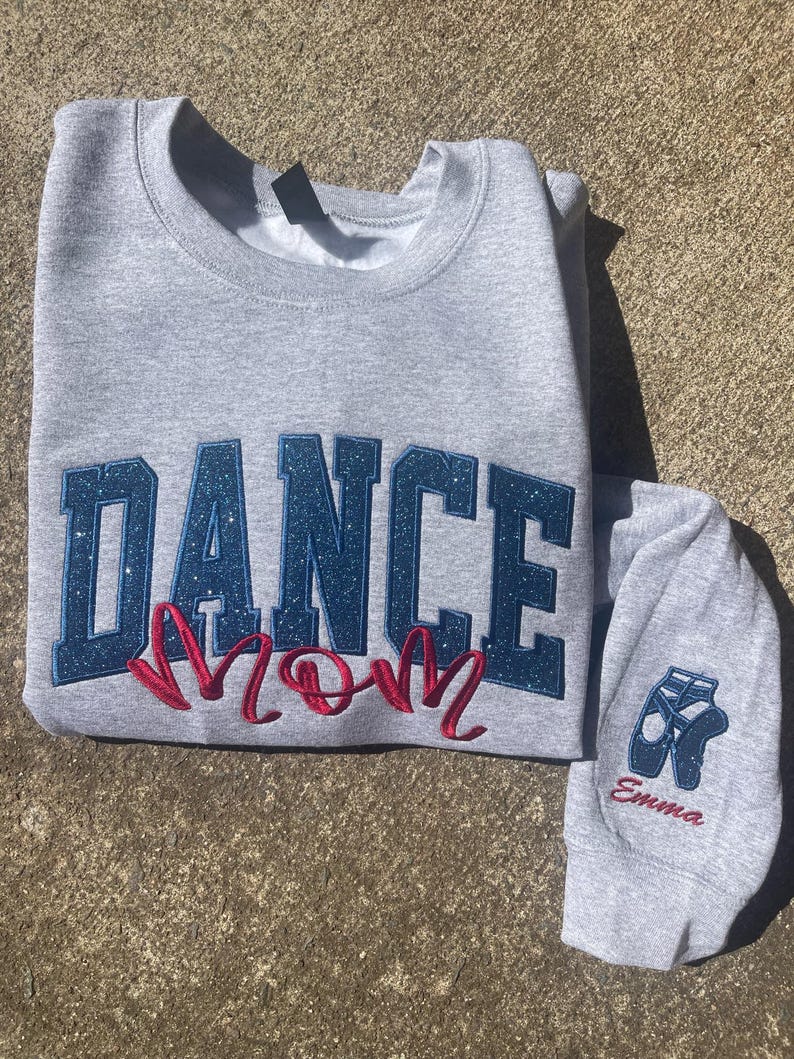 Dance Mom Custom Title with Name on Sleeve Glitter Applique Embroidered Sweatshirt