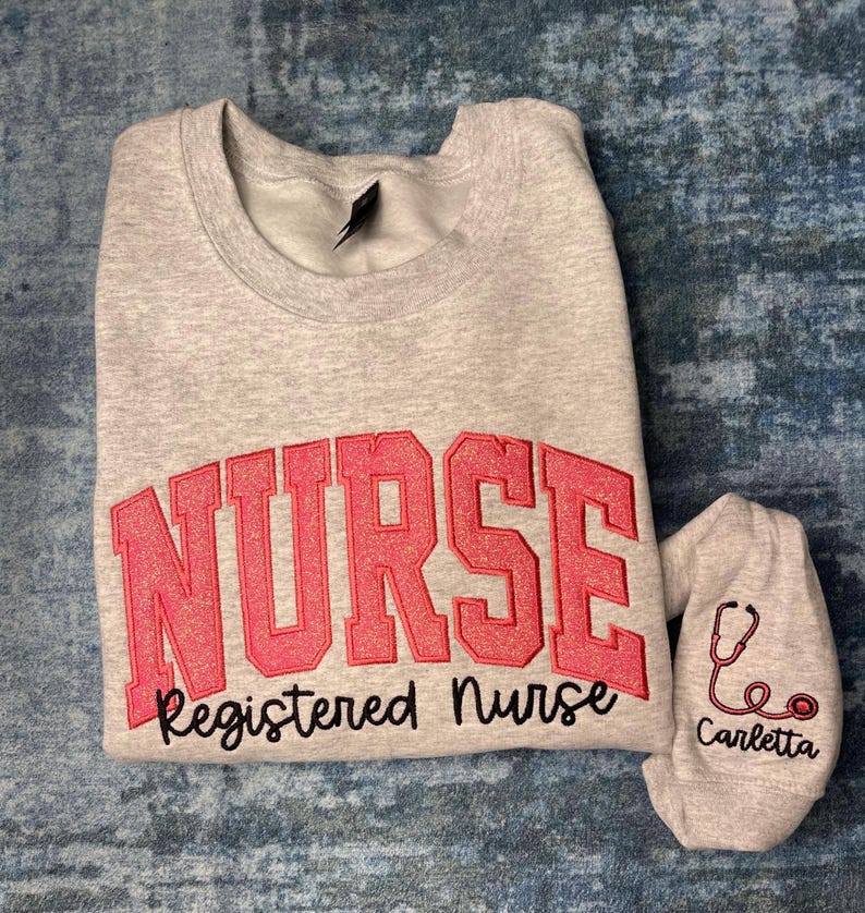 Personalized Nurse Embroidered Sweatshirt: Glitter Stethoscope Sleeve
