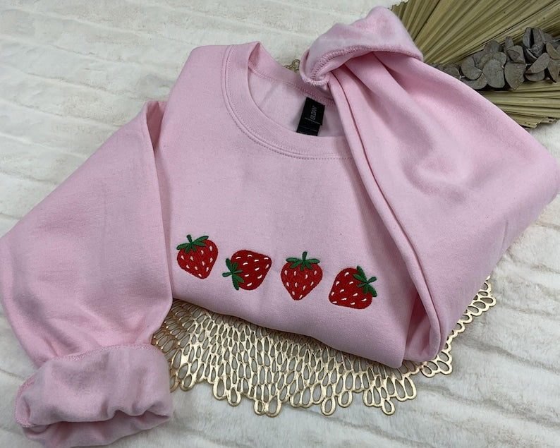 Strawberry Embroidered Sweatshirt, Gardener Gifts, Embroidery Fruit Hoodie, Strawberry Lover Gift, Strawberry Crewneck, Berry Embroidery