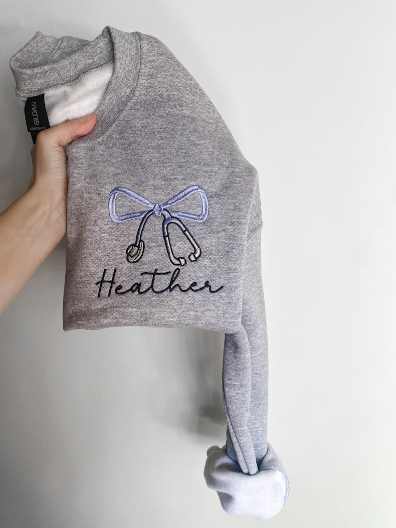Embroidered Stethoscope Sweatshirt, Nurse Sweatshirt, Personalized Nurse Sweatshirt, Coquette Bow, Custom Nurse Sweatshirt, Bow Sweatshirt
