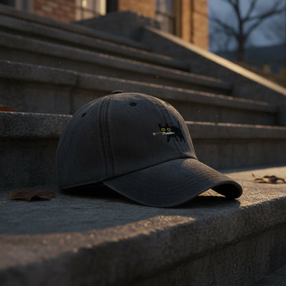 Premium Black Cat Embroidered Dad Hat Stealthy Black Cat with Dagger Design Baseball Cap for Men & Women, Adjustable Classic Hat