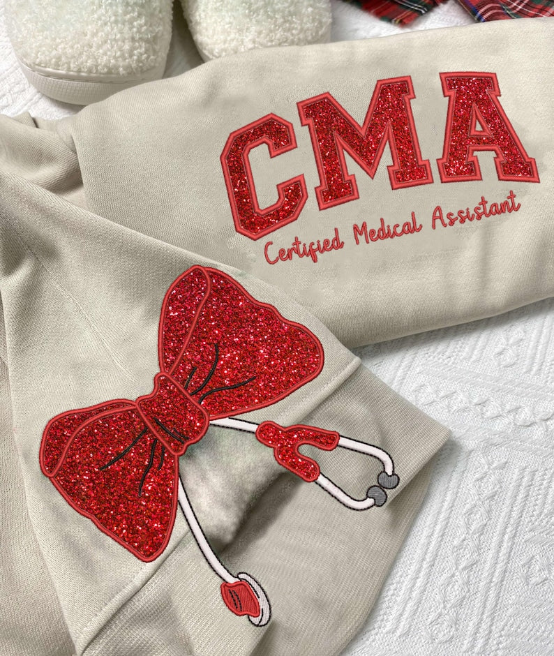 Embroidered CMA Medical Assistant Sweatshirt, Glitter Stethoscope, Nurse Coquette Bow Side, Med Assistant, Certified Medical Assistant Shirt
