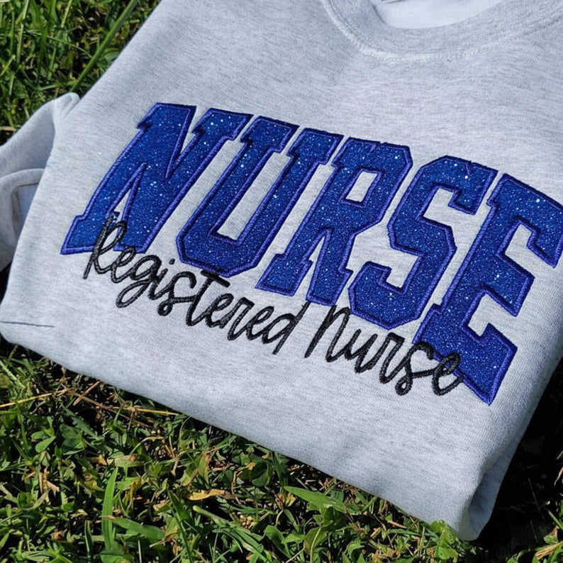 Personalized Nurse Embroidered Sweatshirt: Glitter Stethoscope Sleeve