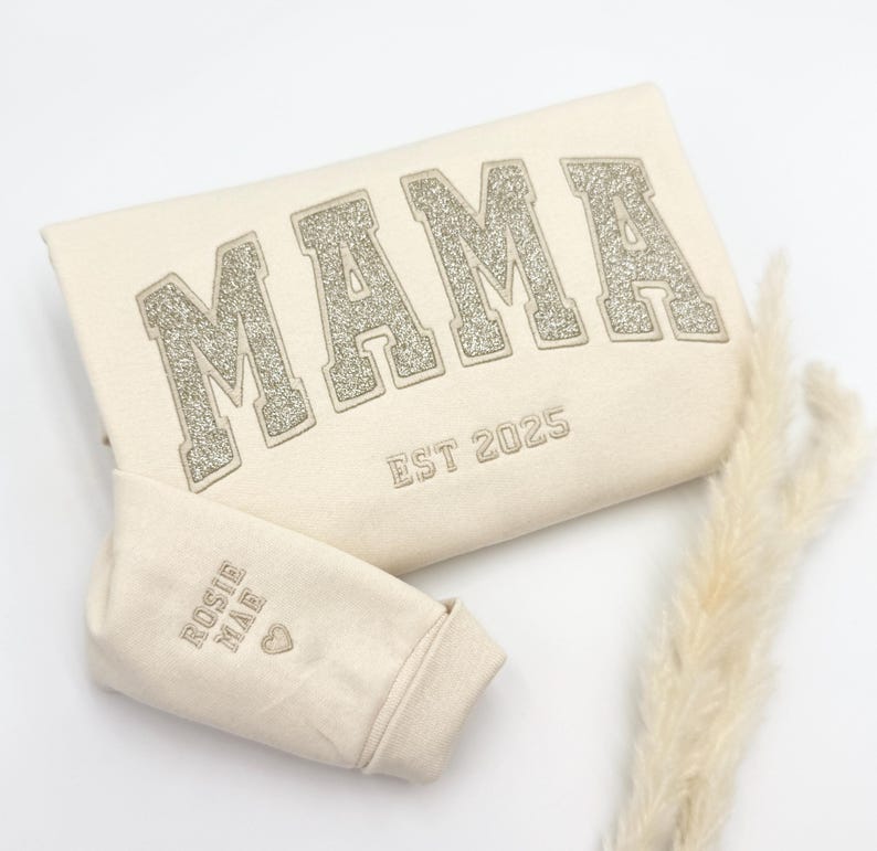 Custom Glitter Embroidered Mama Sweatshirt/Hoodies | Personalized Gift with Kids' Names | Pregnancy Announcement | Mother's Day Crewneck