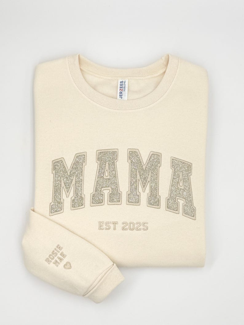 Custom Glitter Embroidered Mama Sweatshirt/Hoodies | Personalized Gift with Kids' Names | Pregnancy Announcement | Mother's Day Crewneck