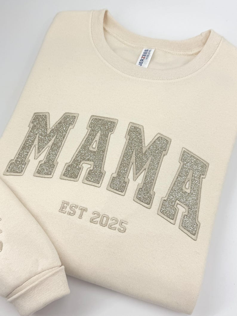 Custom Glitter Embroidered Mama Sweatshirt/Hoodies | Personalized Gift with Kids' Names | Pregnancy Announcement | Mother's Day Crewneck