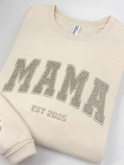 Custom Glitter Embroidered Mama Sweatshirt/Hoodies | Personalized Gift with Kids' Names | Pregnancy Announcement | Mother's Day Crewneck