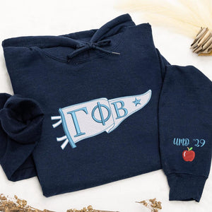 Custom Sorority Hoodie with Greek Letters Pennant, Embroidered Moms Day 2025 Gift, Graduation or Greek Life Crewneck for College Events