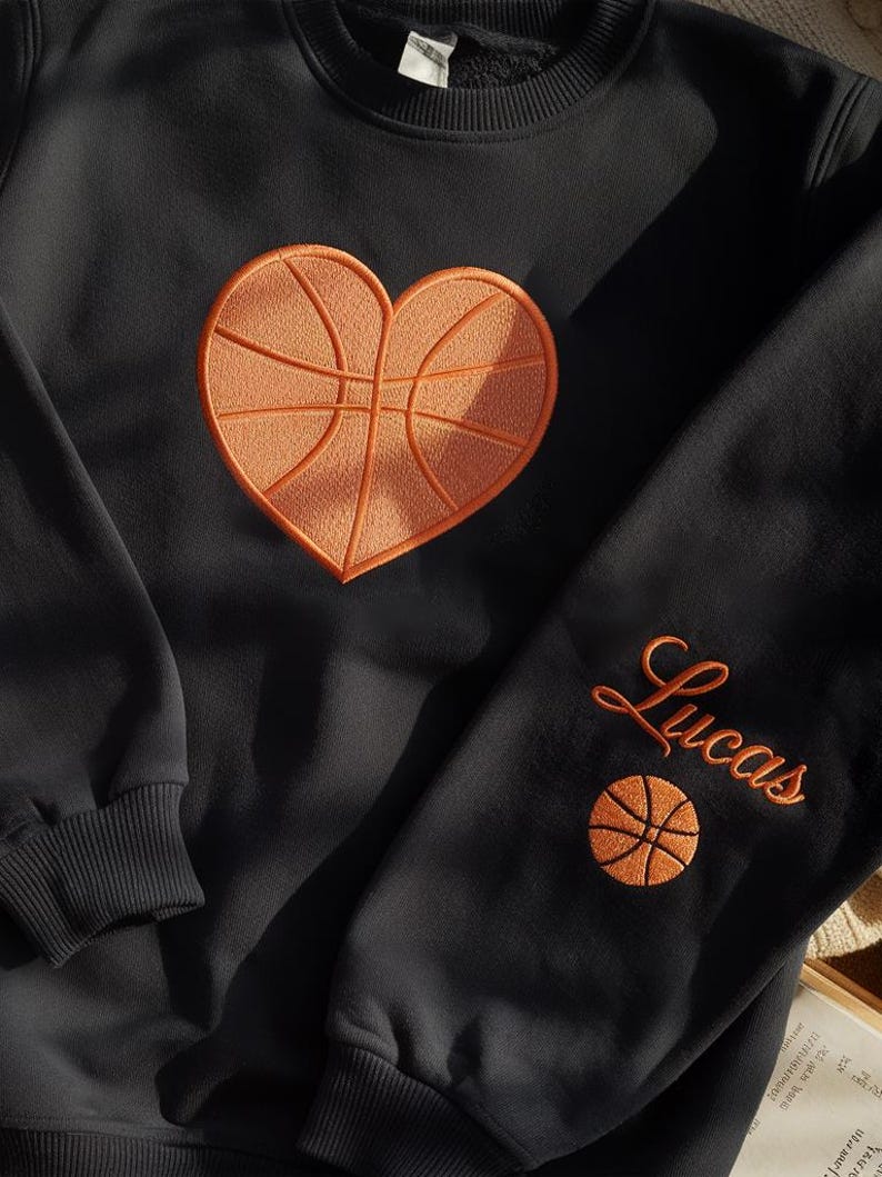 Personalized Basketball Lover Embroidered Sweatshirt, Basketball Heart Sweatshirt With Name, Custom Basketball Mom Hoodie, Game Day Mom Hoodie