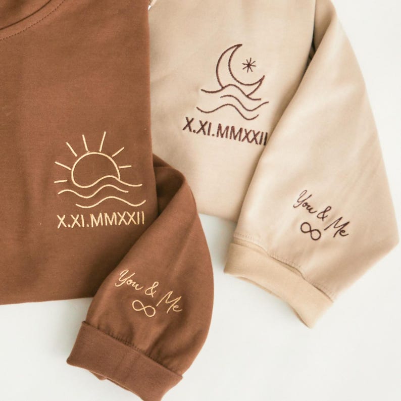 Personalized Couple Hoodie - Sweatshirt, Sun & Moon Embroidery, Custom Roman Numerals Sweatshirt, His and Hers Outfit, Wedding Gift, Anniversary Hoodie