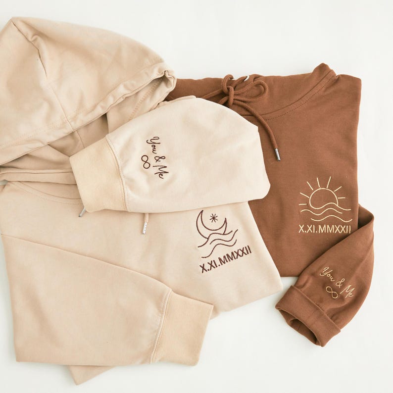Personalized Couple Hoodie - Sweatshirt, Sun & Moon Embroidery, Custom Roman Numerals Sweatshirt, His and Hers Outfit, Wedding Gift, Anniversary Hoodie