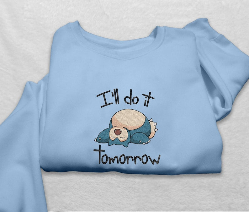 Snorlax Sleeping Sweatshirt Funny I ll Do It Tomorrow Crewneck, Cozy Pullover for Gamers and Anime Fans, Cute Sleepy Cartoon Sweater, Perfect Gift for Procrastinators
