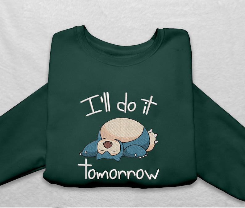 Snorlax Sleeping Sweatshirt Funny I ll Do It Tomorrow Crewneck, Cozy Pullover for Gamers and Anime Fans, Cute Sleepy Cartoon Sweater, Perfect Gift for Procrastinators