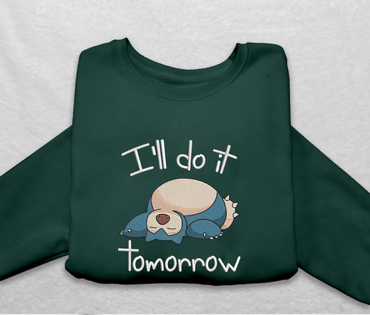 Snorlax Sleeping Sweatshirt Funny I ll Do It Tomorrow Crewneck, Cozy Pullover for Gamers and Anime Fans, Cute Sleepy Cartoon Sweater, Perfect Gift for Procrastinators