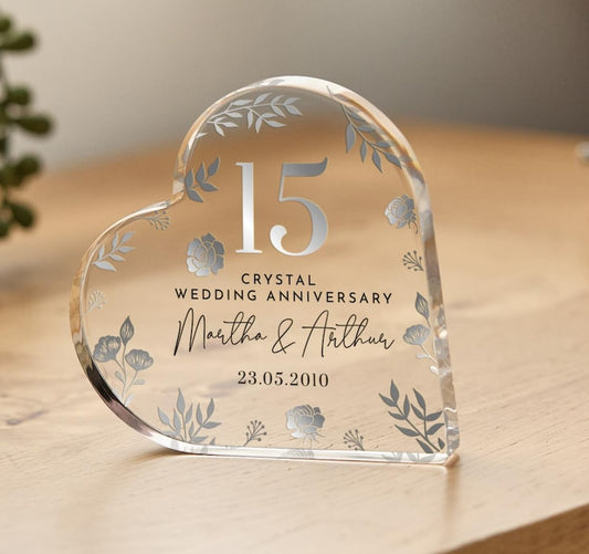 Personalised 15th Wedding Anniversary Gift Crystal Anniversary Heart-Shaped Acrylic Plaque Custom Keepsake with Names Date Elegant Floral il_794xN.6759405098_hmnk.jpg