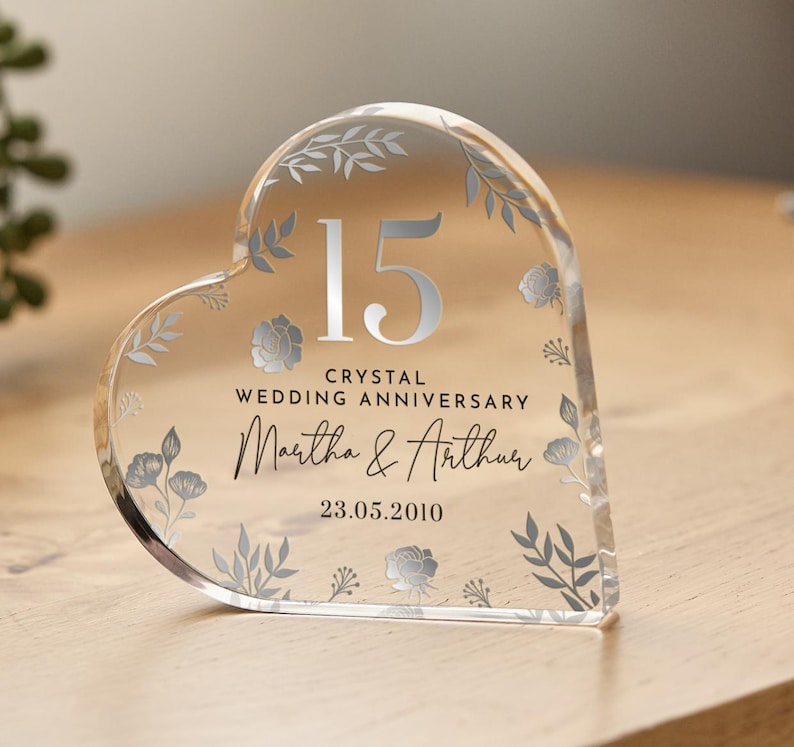 Personalised 15th Wedding Anniversary Gift Crystal Anniversary Heart-Shaped Acrylic Plaque Custom Keepsake with Names Date Elegant Floral il_794xN.6759405098_hmnk.jpg