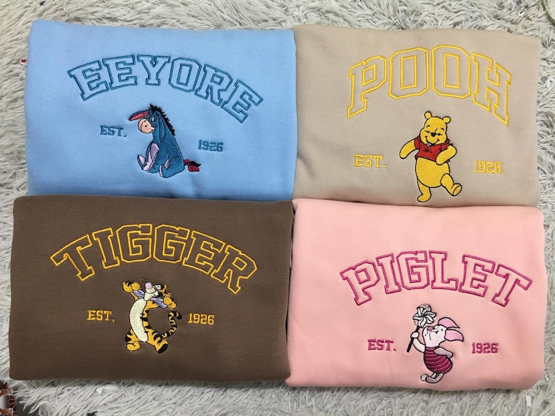Embroidered Custom Sweatshirt, Anniversary Embroidered Sweatshirt Hoodie, Valentine's Gift, Embroidered Pooh/Piglet/Tigger/Eeyore Tshirt