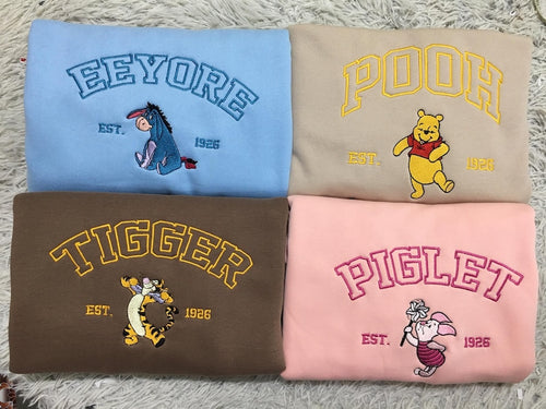 Embroidered Custom Sweatshirt, Anniversary Embroidered Sweatshirt Hoodie, Valentine's Gift, Embroidered Pooh/Piglet/Tigger/Eeyore Tshirt