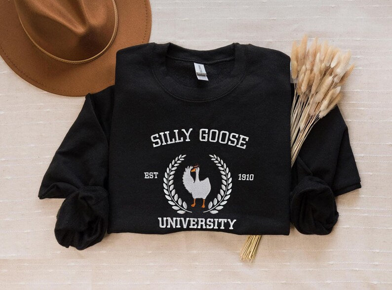 Embroidered Silly Goose University Sweatshirt Funny Goose Sweater, Vintage College Style Sweater, Cute Animal Lover Gift, Cozy Unisex Hoodie